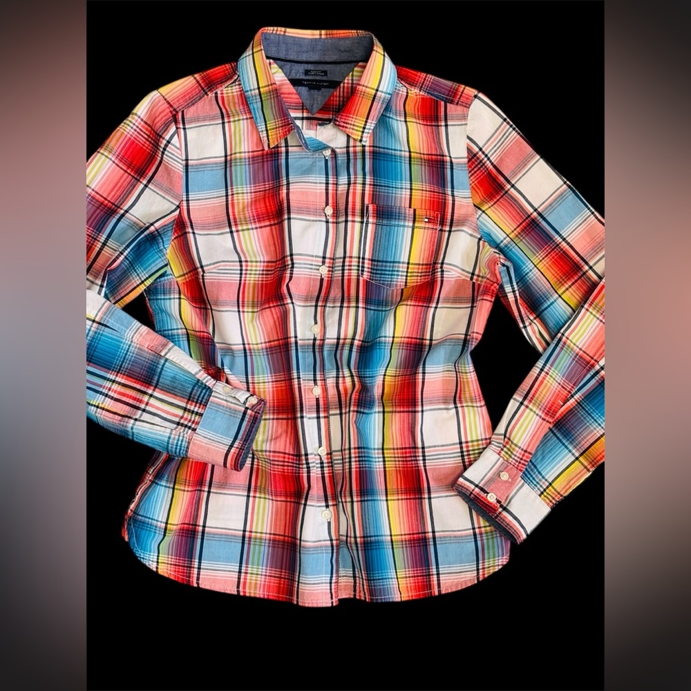 Tommy Hilfiger Cotton Vibrant Plaid Roll Tab Sleeve Blouse Small